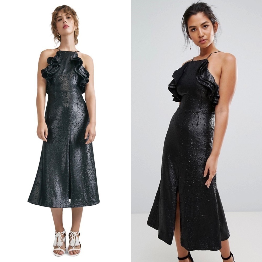 C/MEO Sequin Ruffle Halter Square Neck Sleeveless Fit‎ & Flare Slit Midi Dress S